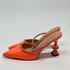 Orange Patent Leather Pointed Toe Mules – Flared High Heel Crystal Strap